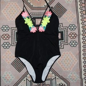 VS PINK black flower strappy one piece